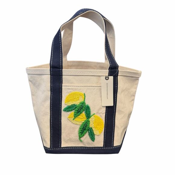 NWT Anthropologie The Hartley Cotton Canvas Tote Blue Beaded Lemon Print - Picture 2 of 11